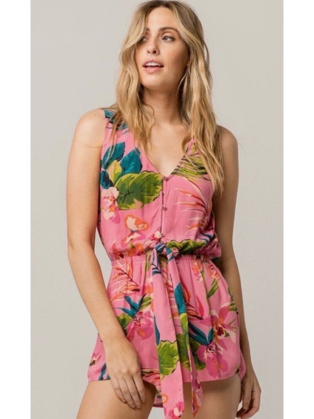 Billabong Pink Tropical Summer Floral Elastic Waist Sleeveless Tank Romper NWT